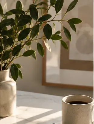 Leafy plant and coffee in a sunlit workspace