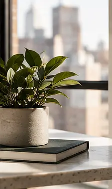A plant and notebook beside a bright city window
